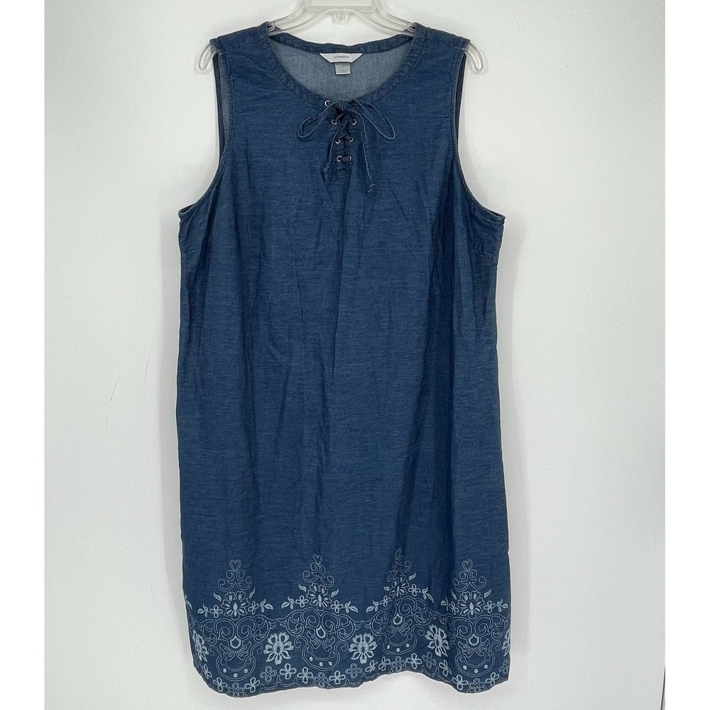 CJ Banks Women's Blue Lace Up Embroidered Sleeveless Denim Dress Size 1X